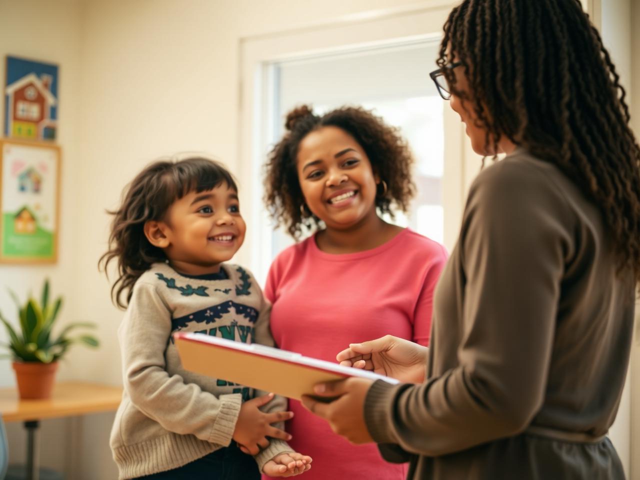 A mother and child speaking with a housing counselor