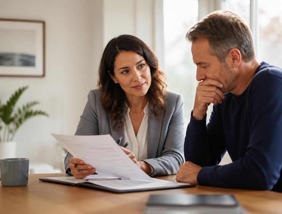 A family reviewing paperwork with an advisor at a kitchen table