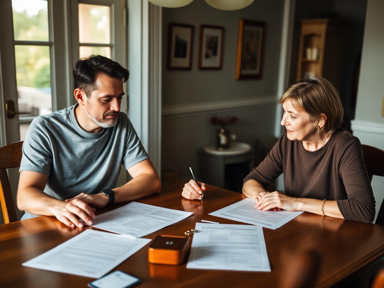 Two family members reviewing estate paperwork with an advisor