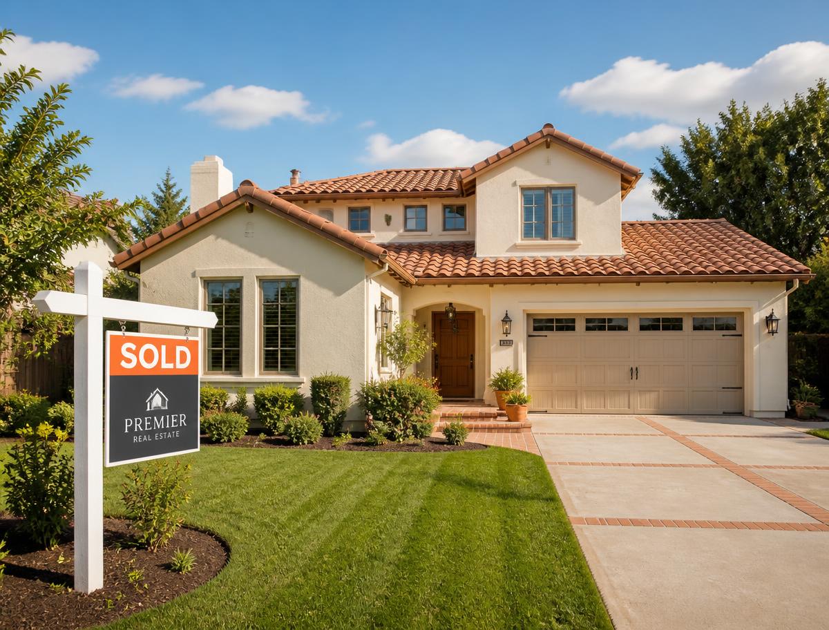 A sold sign in front of a modest suburban home