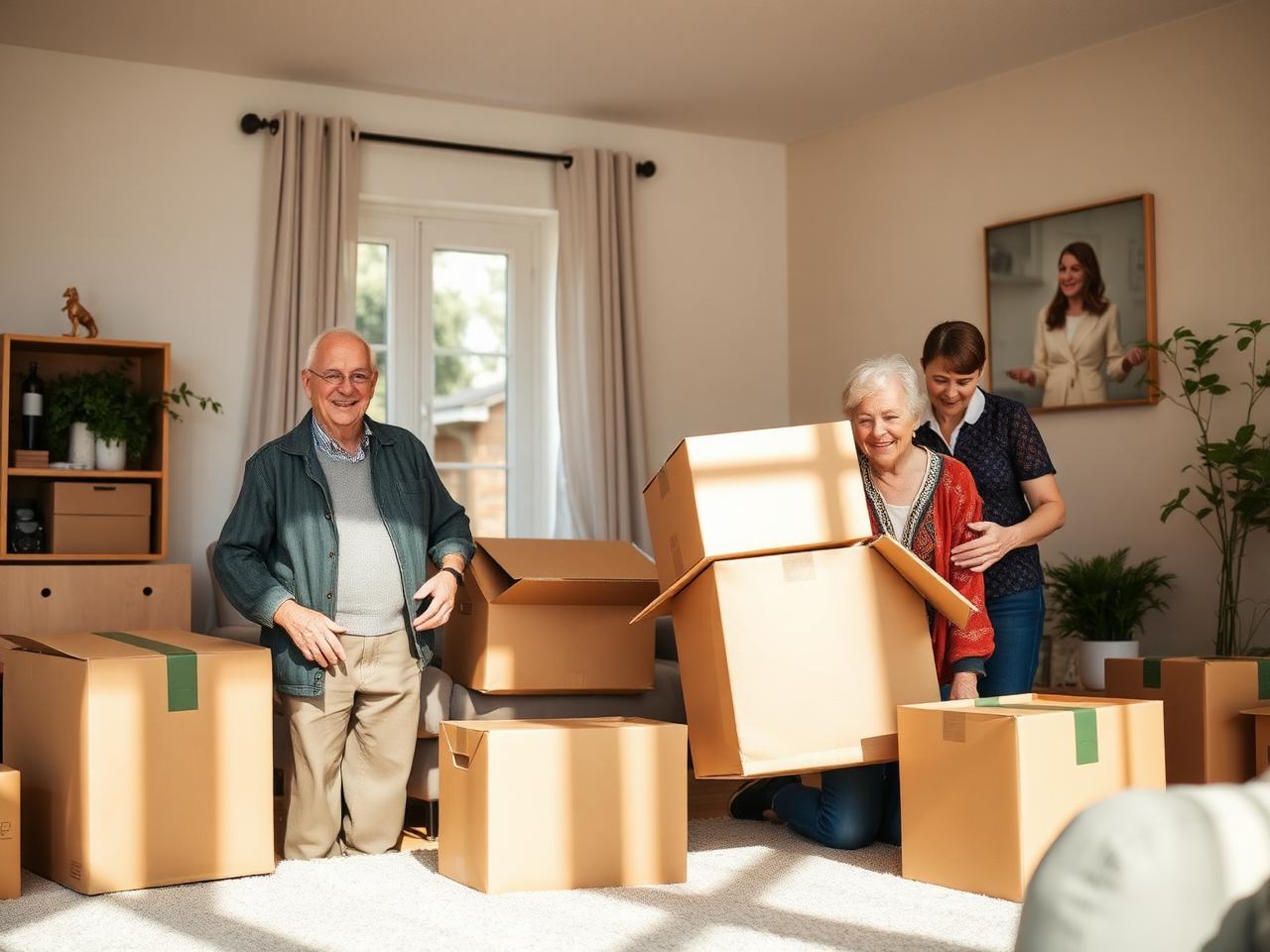 A senior couple packing boxes in a sunlit living room